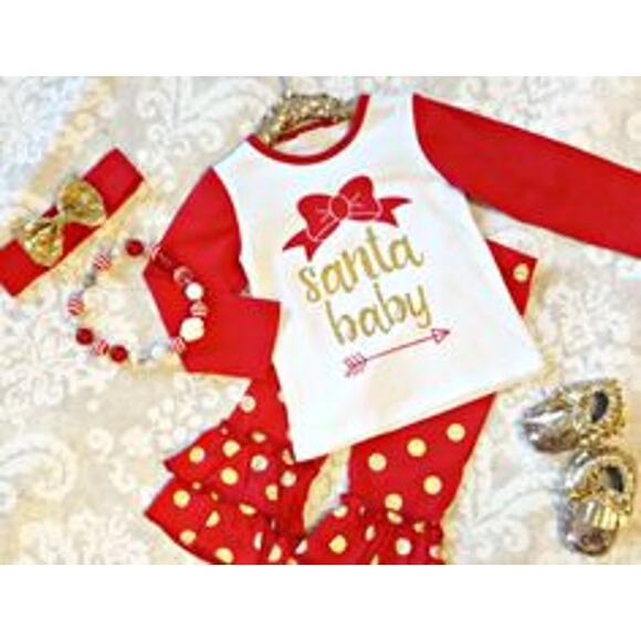 Unbranded Girls PJs Pajamas Set Santa Baby Polka Dot Ruffle Bell Bottoms Sz L - Picture 1 of 9